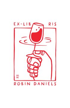 a red and white drawing of a hand holding a wine glass with the words ex - lib ris written on it