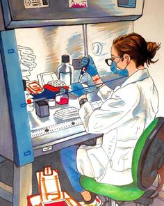 a woman in white lab coat sitting at desk with microscope and other medical supplies on it