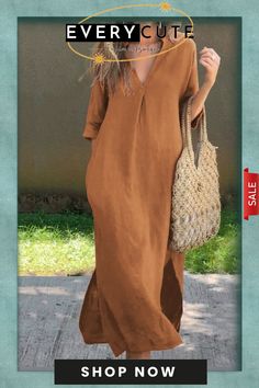 Women's Solid Color V-neck Linen Pocket Dress Casual V-neck Dress With Split Neck, Solid Color V-neck Maxi Dress For Vacation, Casual V-neck Dress For Fall Day Out, Fall Vacation V-neck Dress, Solid Color Beach Dress For Fall, V-neck Maxi Dress For Vacation, Casual Solid Color Dress With Split Neck, Solid Color Fall Beach Maxi Dress, Fall V-neck Solid Color Maxi Dress