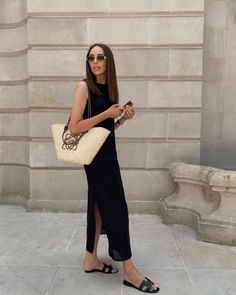 Minimalist black summer tank dress with Hermes designer flat sandals and Loewe basket bag. Vietnam Trip, Casual Brunch Outfit, Mum Fashion, Europe Outfits, Bach Party, Petite Outfits