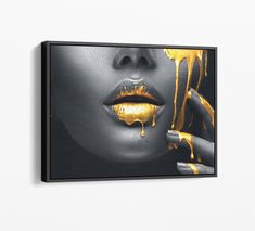 a woman's face with yellow liquid dripping from her mouth canvas wall art print