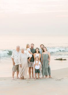 A light and airy extended family beach portrait taken at sunrise in St. Augustine Beach, Florida. Big Family Beach Pictures Outfits, Family Photos Hawaii What To Wear, Extended Beach Family Pictures, Modern Family Beach Pictures, Florida Family Photoshoot, Beach Pictures Large Family, Neutral Family Beach Pictures, Mexico Beach Family Photos Outfits, Hawaii Photo Outfit Ideas Family