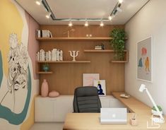 an office with a desk, chair and bookshelf on the wall next to it