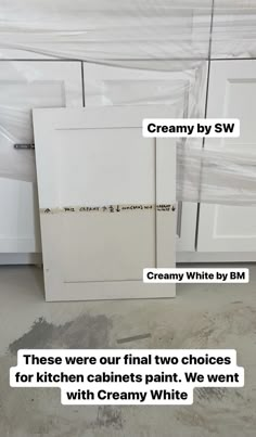 the kitchen cabinets are all white and have some words on them that read creamy white by bm