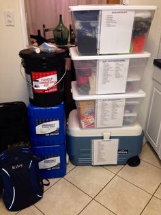 My home earthquake preparedness supplies. I store it outside in a shady area. Emergency Preparedness Food, Emergency Evacuation, Family Emergency, Survival Kits, Emergency Plan