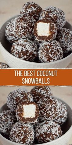 two bowls filled with chocolate coconut snowballs