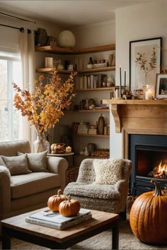 a living room filled with furniture and a fire place in front of a large window