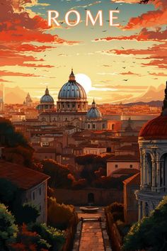 an image of the sun setting over rome