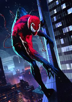 the amazing spider - man is flying through the city at night