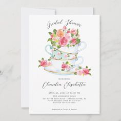 a floral tea cup bridal party card