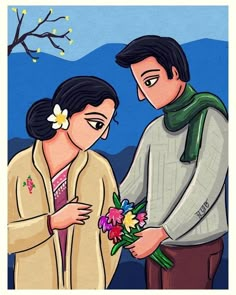 a painting of a man and woman standing next to each other with flowers in their hands