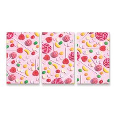 three pink wall art pieces with candy and candies on them