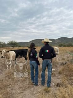 two people standing in the middle of a field with cows