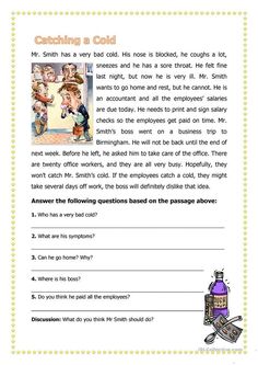 a worksheet with an image of a cartoon character and the words, catching a cold