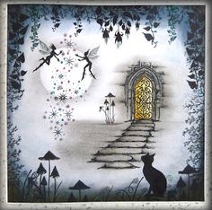 a drawing of a cat sitting in front of an open door with fairy images on it