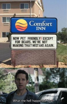 a sign that says comfort inn now pet friendly except for bears, we're not making that mistake again