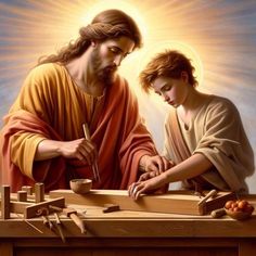 an image of jesus and the young child in front of him with woodworking tools