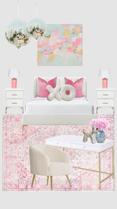 the bedroom is decorated in pink and white