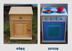 before and after photos of an old wooden toy stove with blue paint on the top