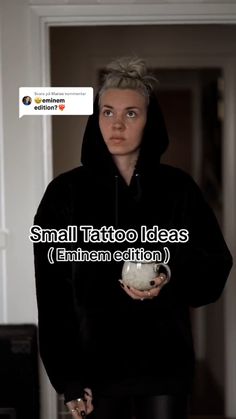 a person in a black hoodie holding a bowl with food on it and the words small tattoo ideas finnnan edition