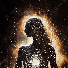 a painting of a woman with her hands in her pockets, surrounded by fire and stars