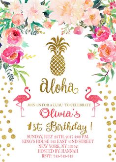 a pink and gold pineapple birthday party with flamingos, flowers and polka dots