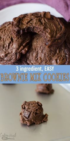 three ingredient, easy brownie mix cookies on a white plate with text overlay