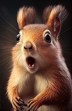 a close up of a squirrel with its mouth open and it's eyes wide open