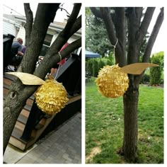 two pictures of trees that have been decorated with yellow paper and gold tinsels