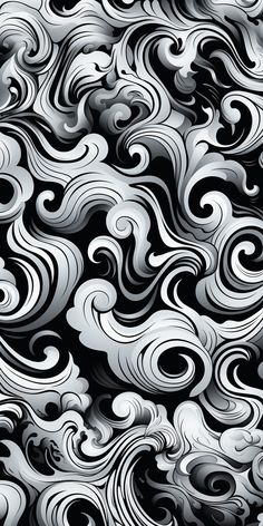 an abstract black and white background with swirly waves in the center, as well as clouds