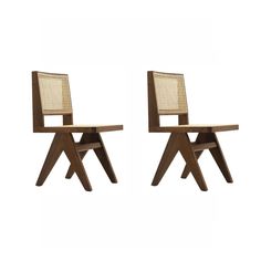 a pair of wooden chairs with wicker backrests on each side, facing opposite directions