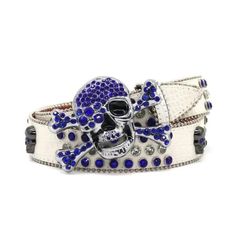 Introducing our Starlight Swagger Rhinestone Belt, a dazzling accessory that adds a touch of bold style to any ensemble. Made from high-quality PU leather, this belt promises durability and sophistication, ensuring it stands the test of time. The focal point of this belt is its striking skull metal buckle, adorned with sparkling rhinestones, adding an edgy yet glamorous touch to your outfit. Available in a range of multi-color options, you can choose the perfect hue to suit your personal style. Silver Adjustable Belt With Rhinestone Rivets, Adjustable Silver Belt With Rhinestone Rivets, Silver Belt With Rhinestone Rivets For Party, Luxury Silver Belt With Rhinestones, Bb Belt, Belt Store, Bling Belts, Metal Skull, Rhinestone Belt