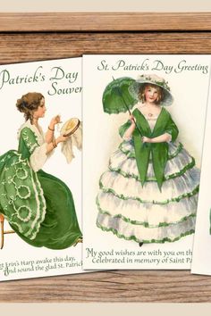 three vintage st patrick's day greeting cards with women in green dresses and hats