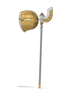 a gold colored street light with a white pole and two red lights on it's sides