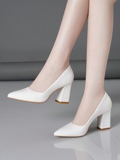 White Elegant Collar   Plain  Embellished   Women Shoes Simple White Heels, Chunky Heel Shoes, White Wedding Shoes, Heels Classy, White Heels, Elegant Shoes, Thick Heels, Fashion High Heels