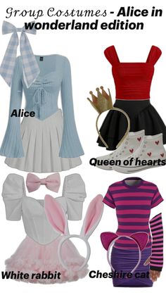 four different types of clothing with the words group costumes - alice in wonderland