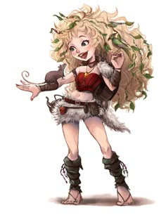 a drawing of a woman with blonde hair wearing boots and holding an animal's tail