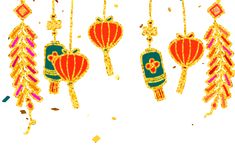 three chinese lanterns hanging from chains on a white background with gold flecks in the shape of pine trees