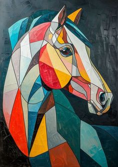 a painting of a colorful horse on a black background