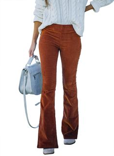 PRICES MAY VARY. Flattering corduroy flare bell bottoms pants with two back pockets to create vintage style for your daily look. Comfortable and soft corduroy fabric. Embracing you with its moderate thickness,softness and comfort. Wear it all day to feel happy and cozy. A must-have in every women’s wardrobe. Fashion corduroy flare trouser jeans made of high quality material and have a trendy look. You would want to wear it wherever you go. Stylish corduroy flare bottoms bell pant could easily pa Corduroy Flare Pants, Bell Bottom Trousers, Bell Pants, Fall Pants, Flare Denim Jeans, Pants Elastic Waist, Flare Trousers, Elastic Waist Pants, Bell Bottom