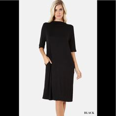 Zenana Premium Mock Neck Dress With Pockets - M Description Premium Rayon Elbow Sleeve Mock Neck Dress With Side Pockets Style No: Rs-1236p Fabric: 93% Rayon 7% Spandex Super Soft Fabric Black Modest Midi Dress, Black Mid-length Dress For Daywear, Black Mid-length Daywear Dress, Modest Black A-line Dress, Plain Shift Midi Dress, Plain Shift Dress, Midi Length, Plain Shift Midi Length Dress, Casual High Neck Midi Dress For Work, Casual High-neck Midi Dress For Work