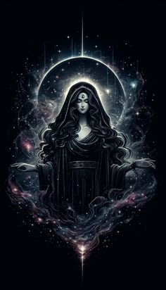 a woman with long hair sitting in front of a moon and stars filled night sky