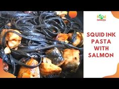 squid ink pasta with salmon is shown in this ad for food network's tv program