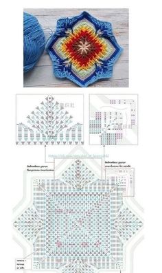 the instructions for crochet and knitting are shown in blue, red, yellow and white