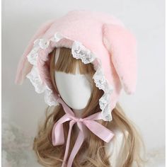 Option: Pink White Diameter Length(cm)(inch) 56-58/22.04-22.83 Rabbit Hat, Lace Hat, Ideal Wardrobe, Girl Beanie, Japanese Sweet, Nurse Hat, Warm Winter Hats, Kawaii Accessories, Ear Hats