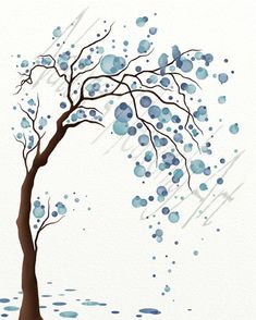 a painting of a tree with blue leaves and watercolors on it's branches