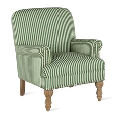 a green and white striped chair with wooden legs