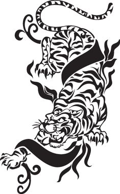 a black and white drawing of a tiger with an arrow on it's tail