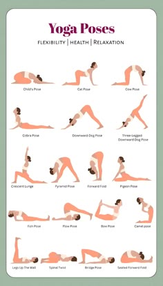 yoga poses for flexibility, health and relaxation info sheet with the instructions to do it