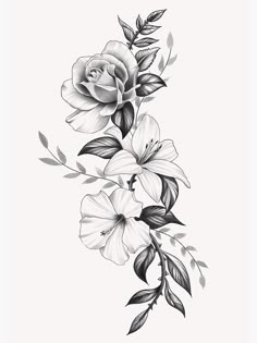 black and white drawing of flowers with leaves